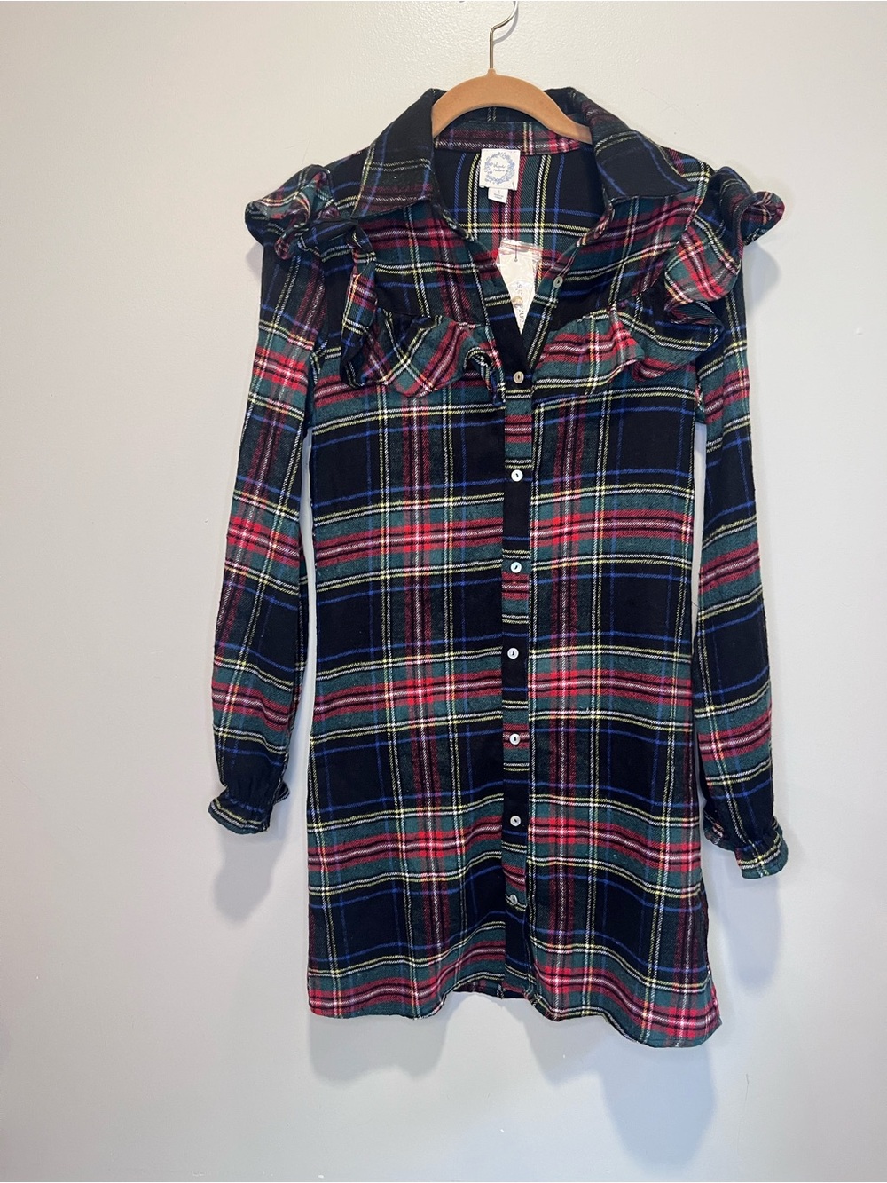 NWT Francesca's Blue Rain Navy Plaid Flannel Ruffle Button-Up Dress